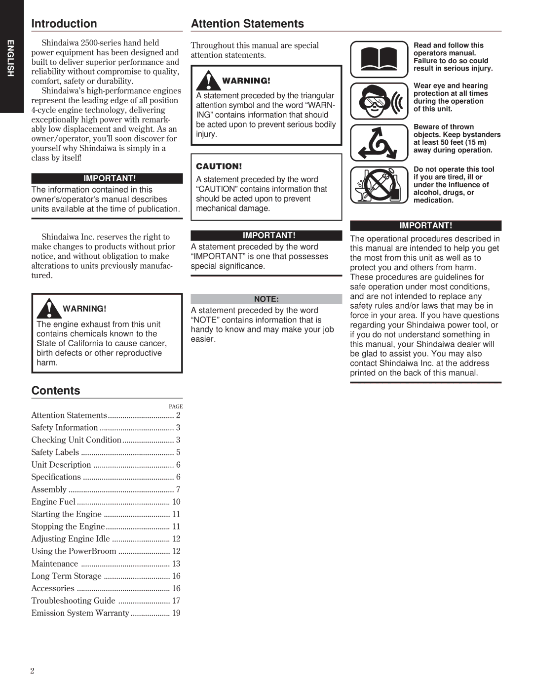 Shindaiwa PB2500, 80732 manual Introduction, Contents 