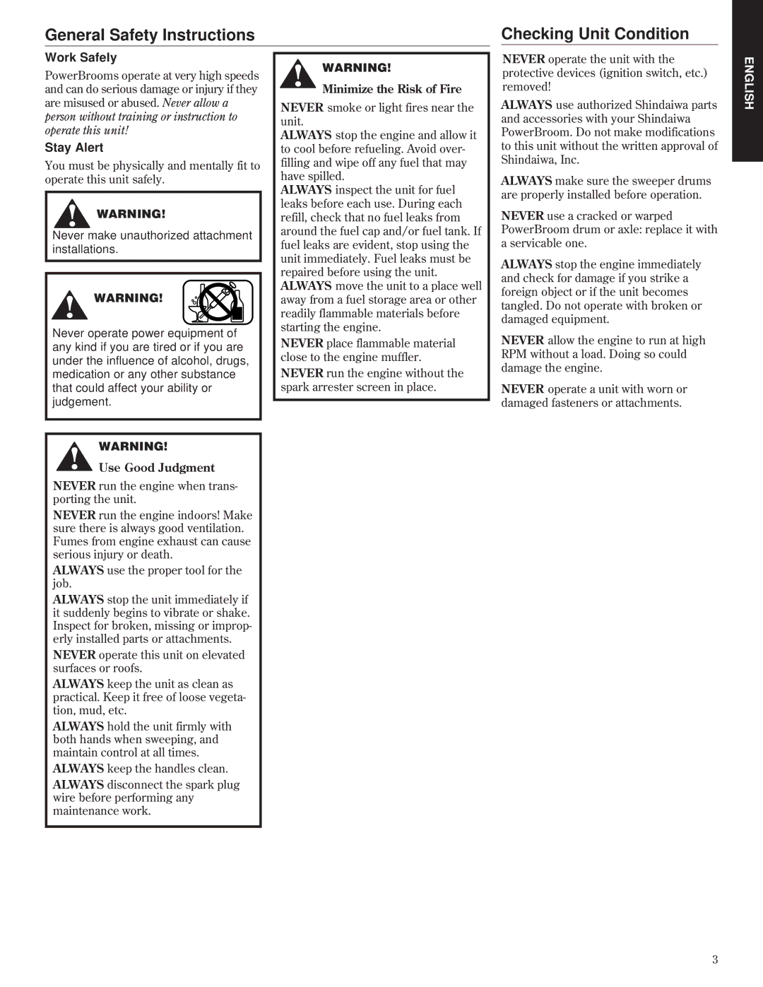 Shindaiwa 80732, PB2500 manual General Safety Instructions Checking Unit Condition, Work Safely, Stay Alert 