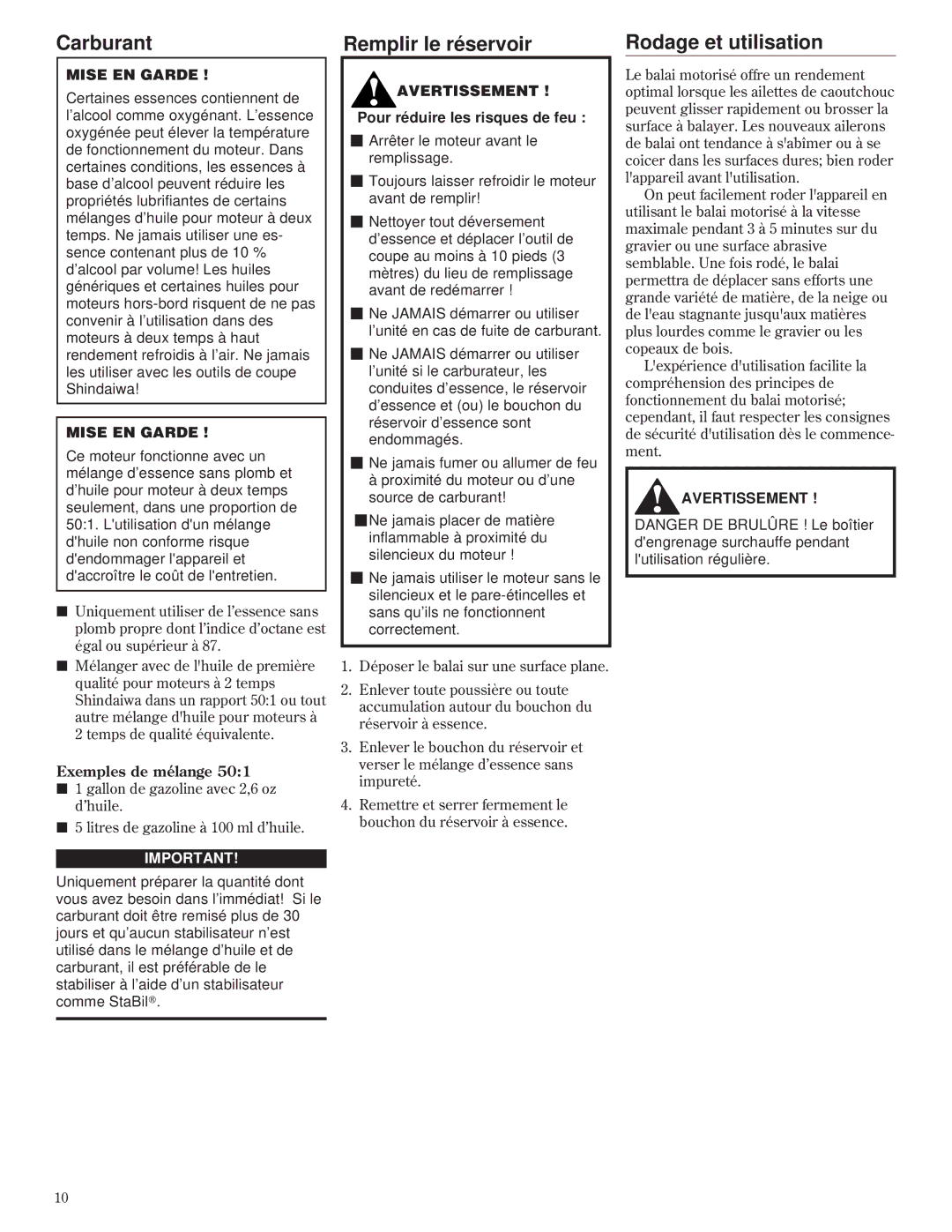 Shindaiwa PB2500, 80732 manual Carburant Remplir le réservoir Rodage et utilisation, Exemples de mélange 