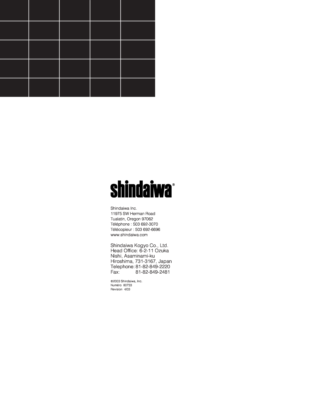 Shindaiwa PB2500, 80732 manual Nishi, Asaminami-ku Hiroshima, 731-3167,Japan, Telephone Fax, Shindaiwa Inc 