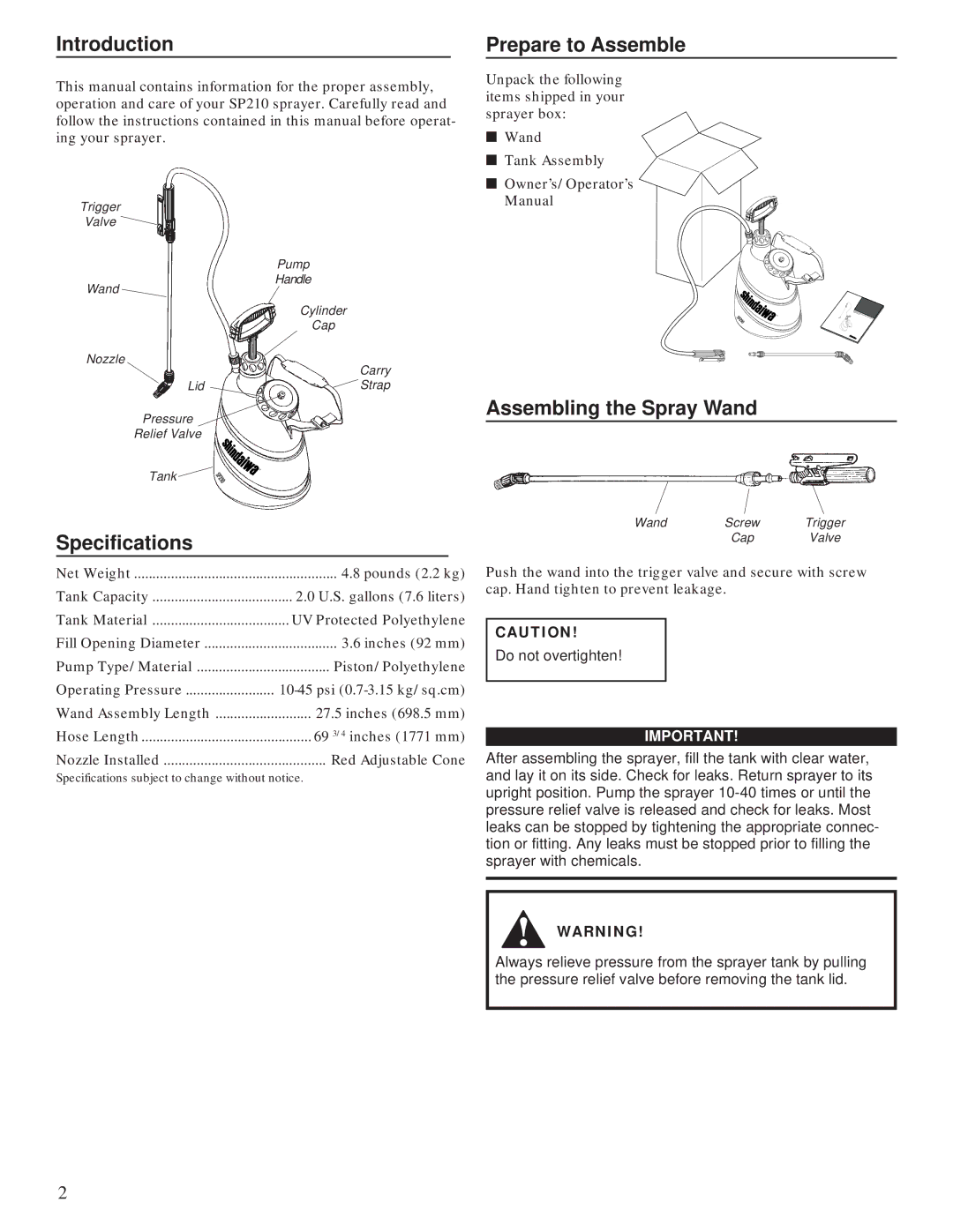 Shindaiwa SP210, 80555 manual Assembling the Spray Wand 