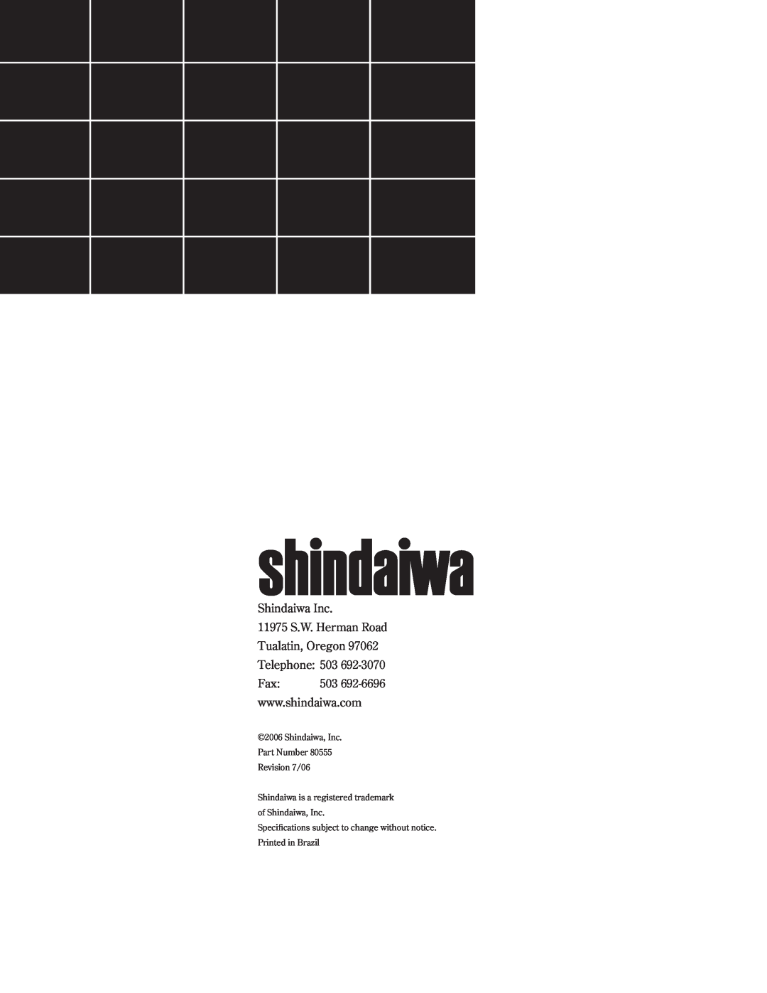 Shindaiwa SP210, 80555 manual Shindaiwa Inc, 11975 S.W. Herman Road Tualatin, Oregon 97062 Telephone 503 