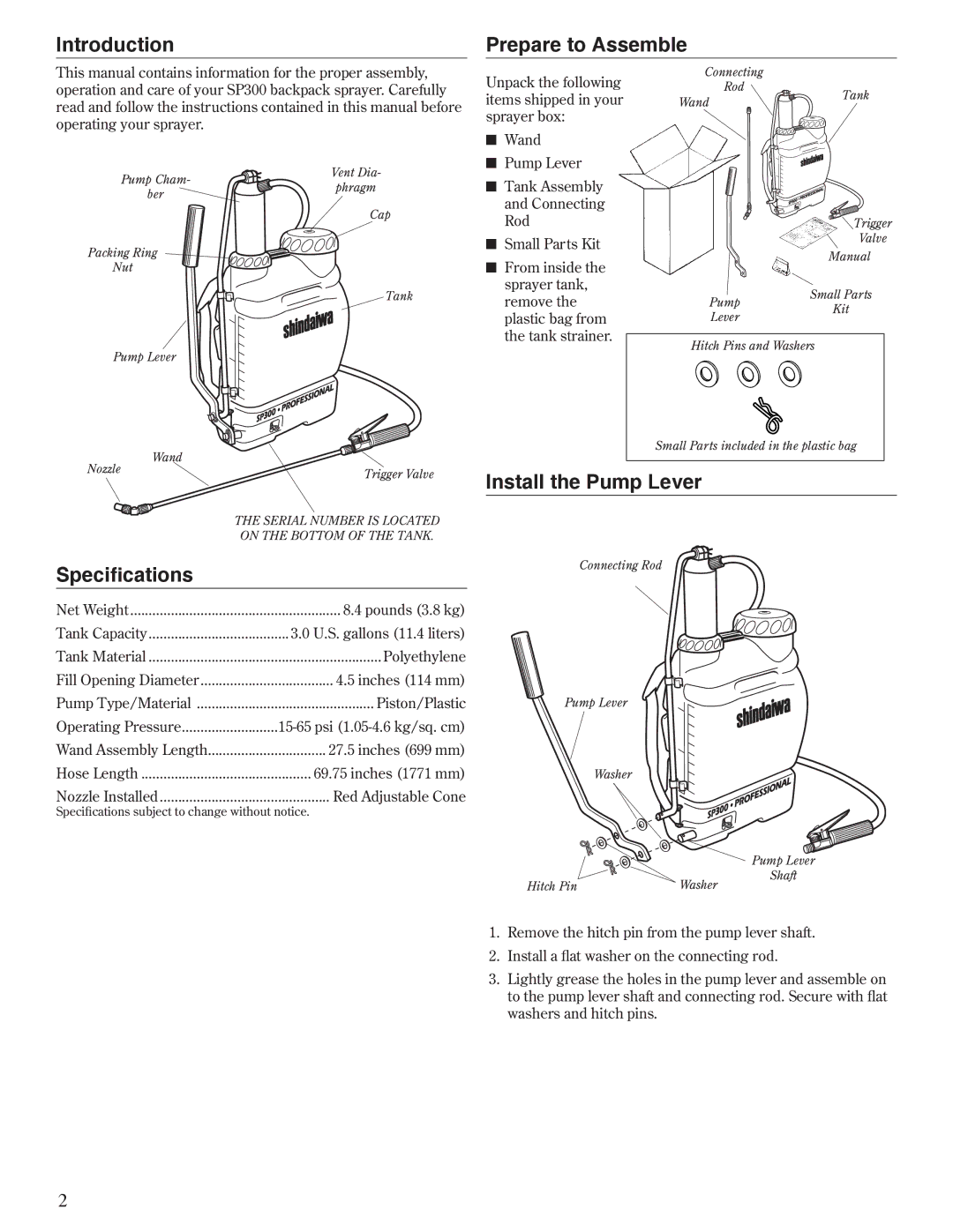 Shindaiwa SP300, 80709 manual Introduction Prepare to Assemble, Install the Pump Lever, Specifications 