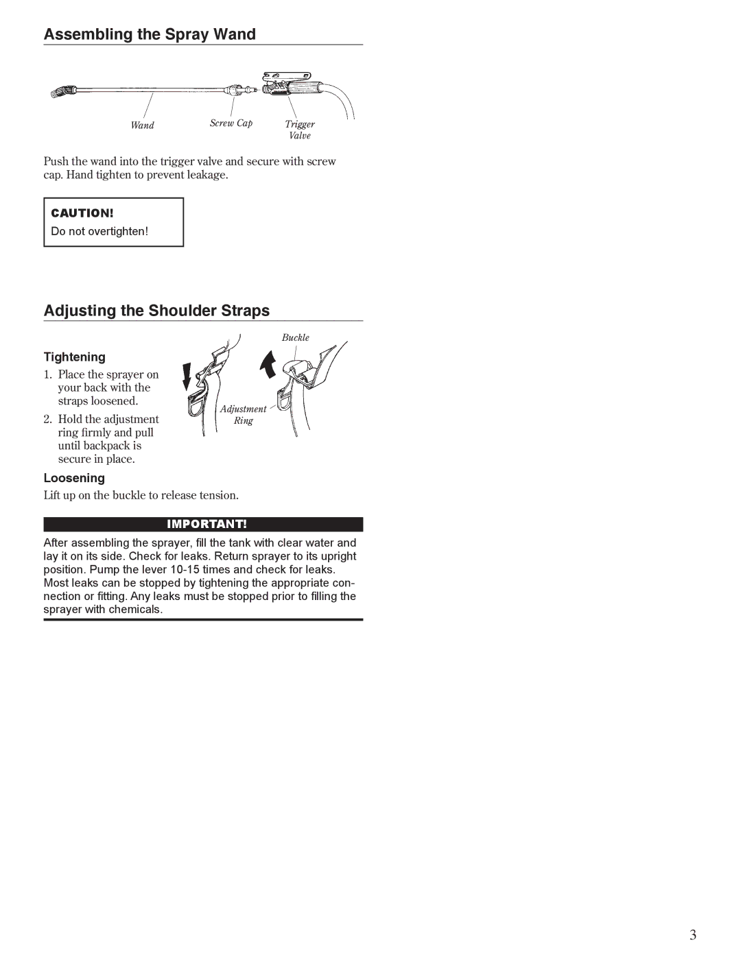 Shindaiwa 80709, SP300 manual Assembling the Spray Wand, Adjusting the Shoulder Straps, Tightening, Loosening 