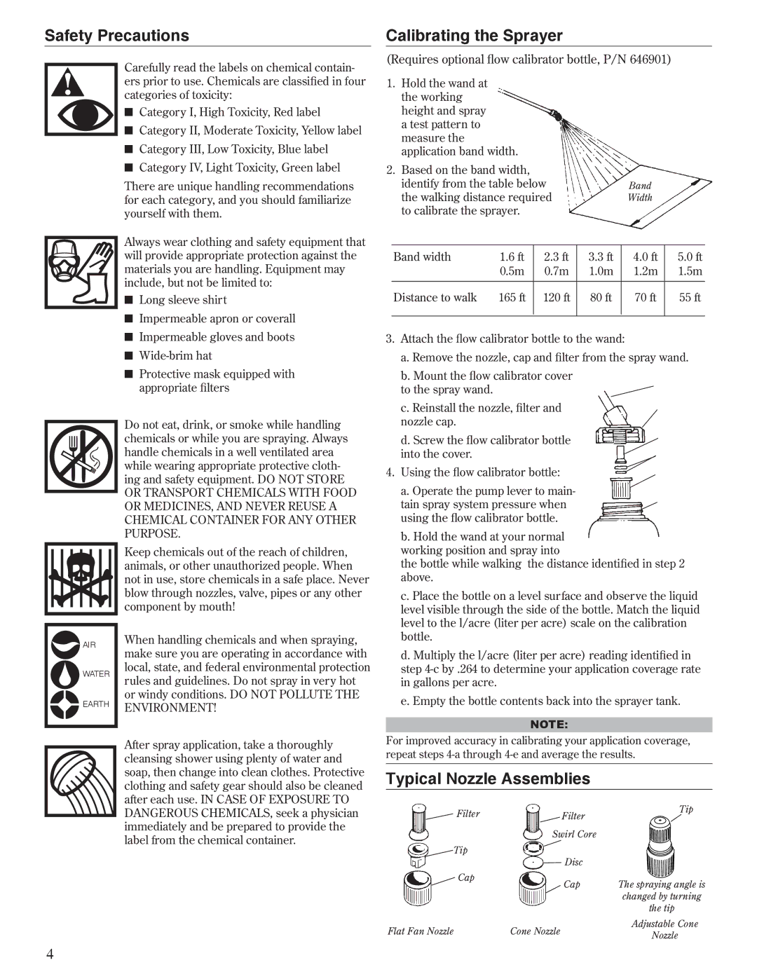 Shindaiwa SP300, 80709 Safety Precautions Calibrating the Sprayer, Typical Nozzle Assemblies, Walking distance required 