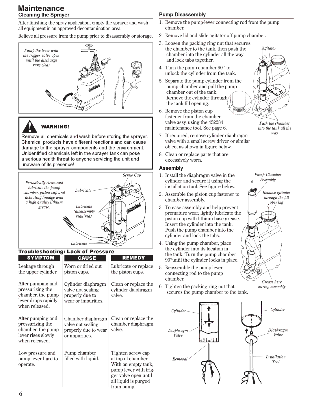 Shindaiwa SP300, 80709 manual Cleaning the Sprayer, Pump Disassembly, Assembly 