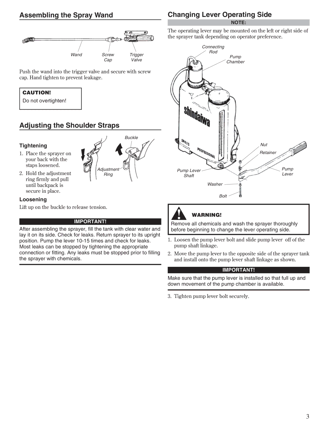 Shindaiwa 80836, SP415 Assembling the Spray Wand, Adjusting the Shoulder Straps Changing Lever Operating Side, Tightening 