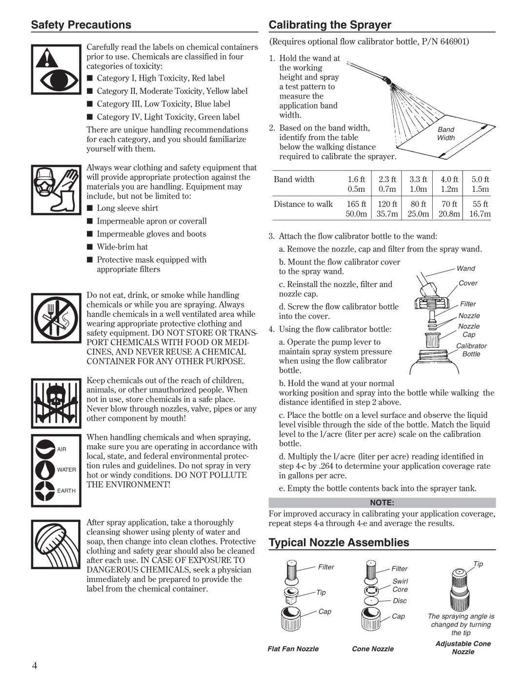 Shindaiwa SP415, 80836 manual Safety Precautions Calibrating the Sprayer, Typical Nozzle Assemblies, Identify from the table 