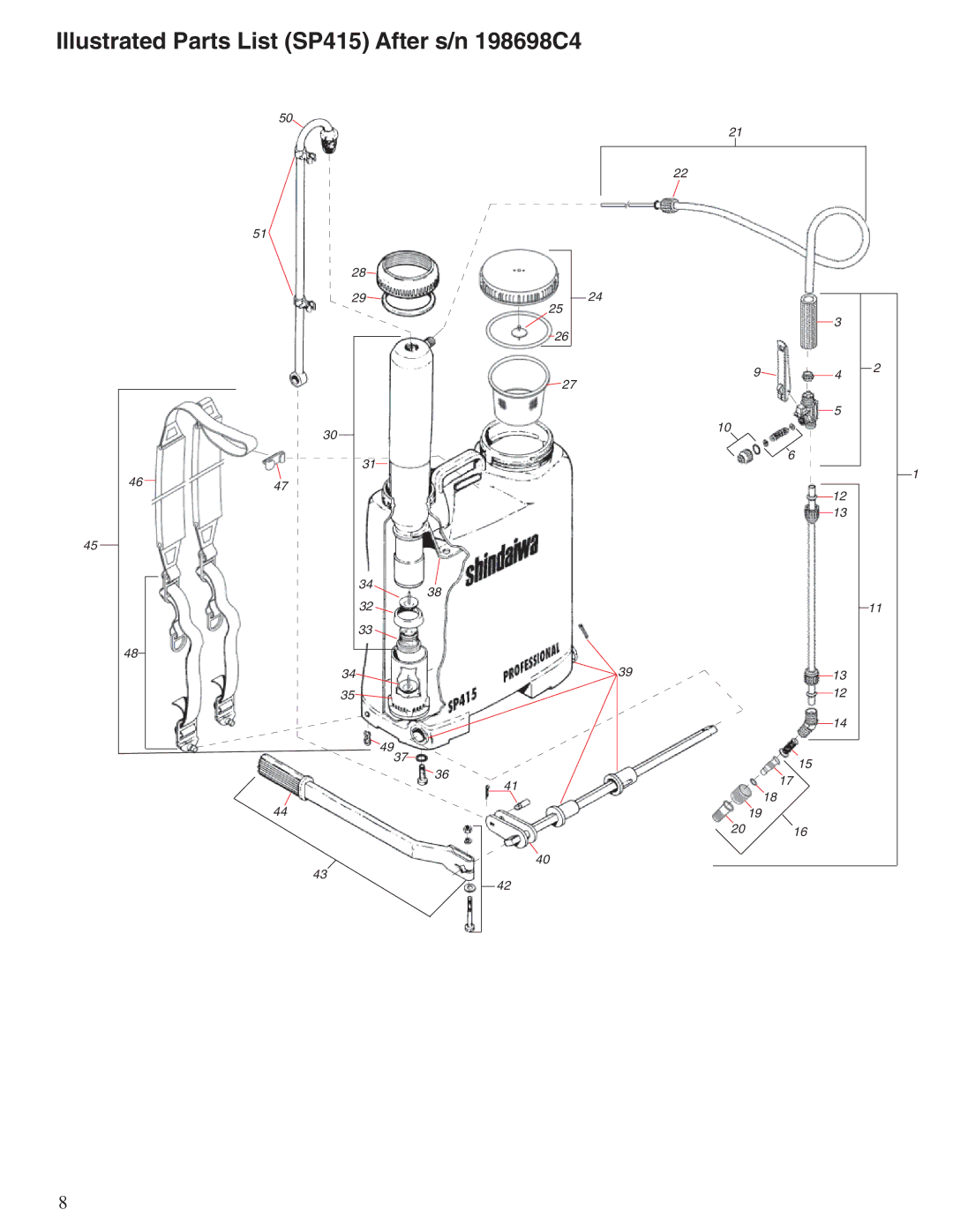 Shindaiwa 80836 manual Illustrated Parts List SP415 After s/n 198698C4 