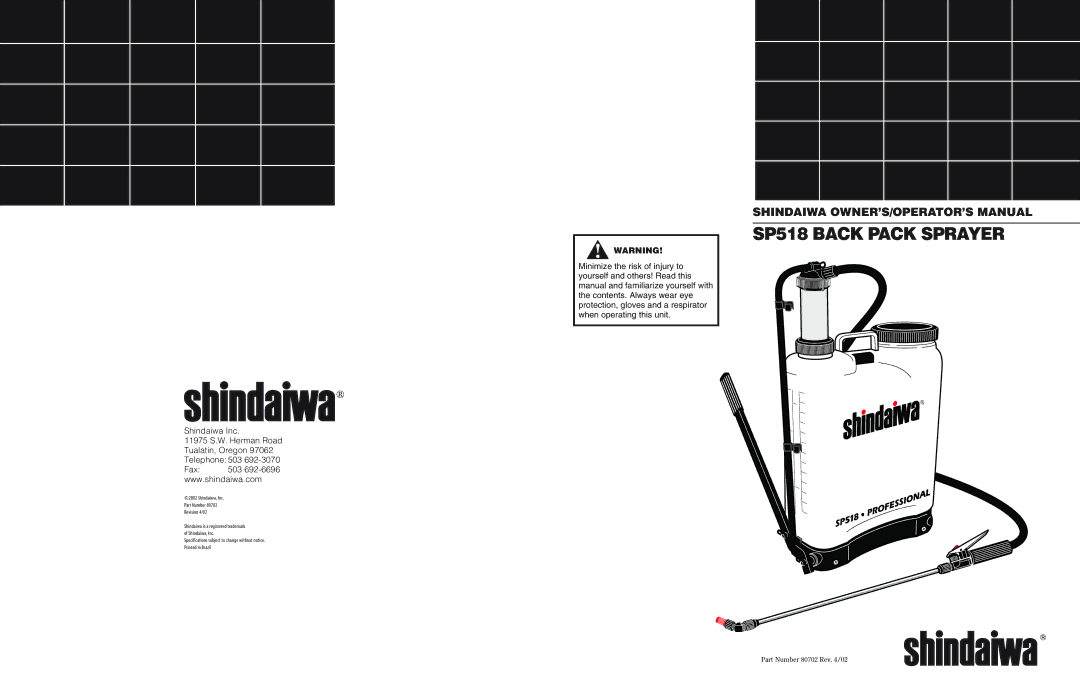 Shindaiwa 80702 specifications SP518 Back Pack Sprayer 