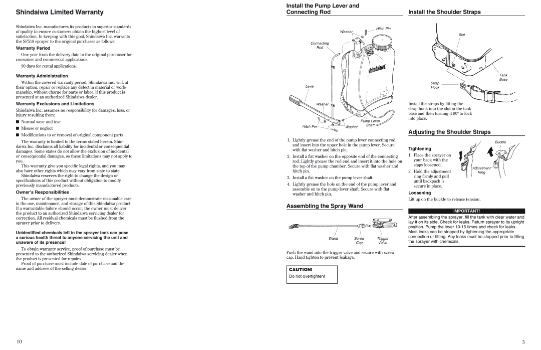 Shindaiwa 80702, SP518 Shindaiwa Limited Warranty, Install the Pump Lever Connecting Rod, Install the Shoulder Straps 