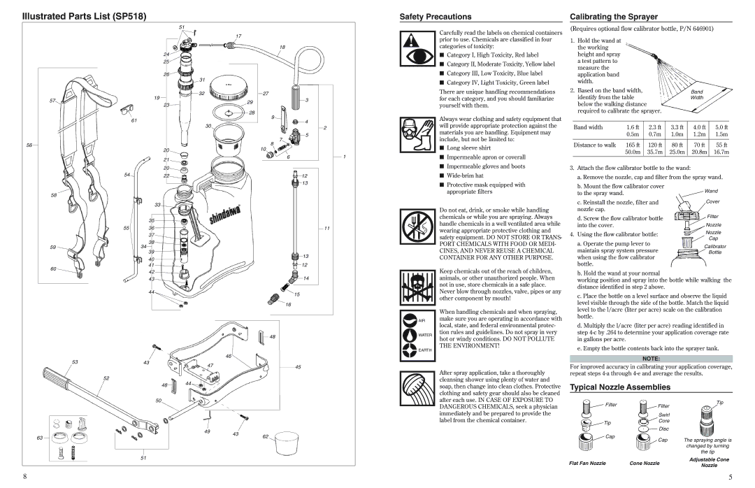 Shindaiwa 80702, SP518 Safety Precautions Calibrating the Sprayer, Typical Nozzle Assemblies, Identify from the table 