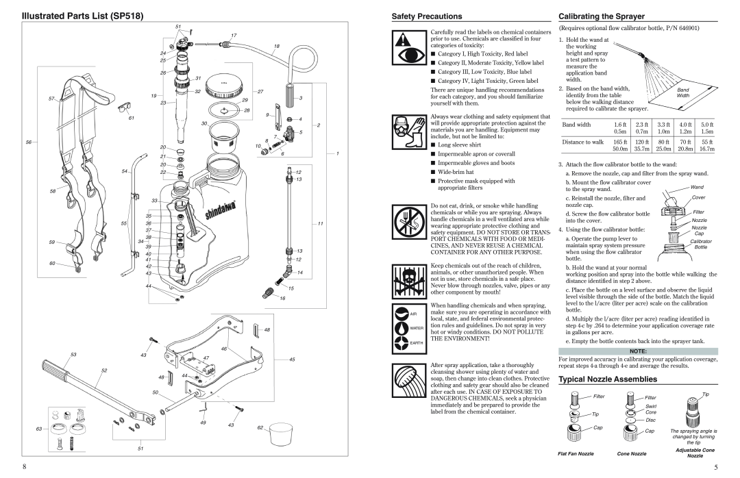 Shindaiwa 80702 Safety Precautions, Calibrating the Sprayer, Typical Nozzle Assemblies, Illustrated Parts List SP518 
