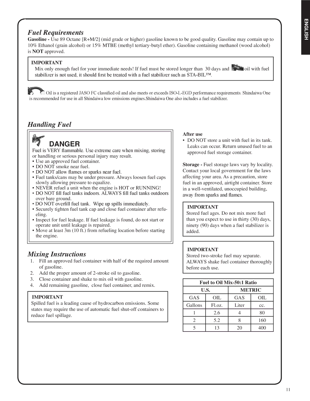 Shindaiwa 82052, SV212 manual Fuel Requirements, Handling Fuel, Mixing Instructions, Metric 