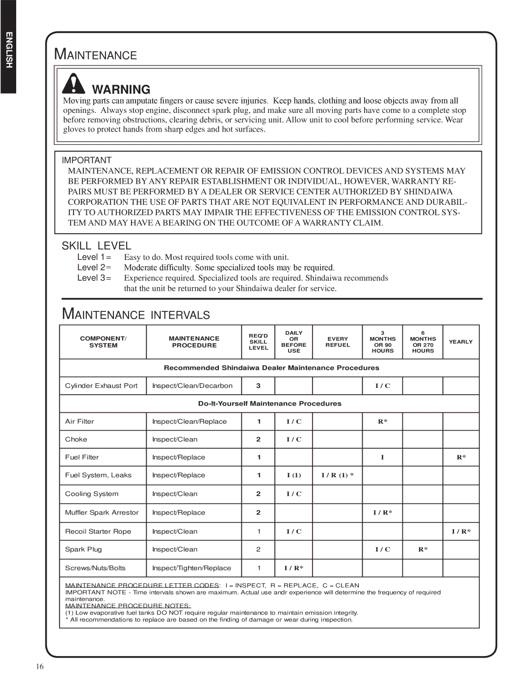 Shindaiwa SV212, 82052 manual Skill level, Maintenance intervals 