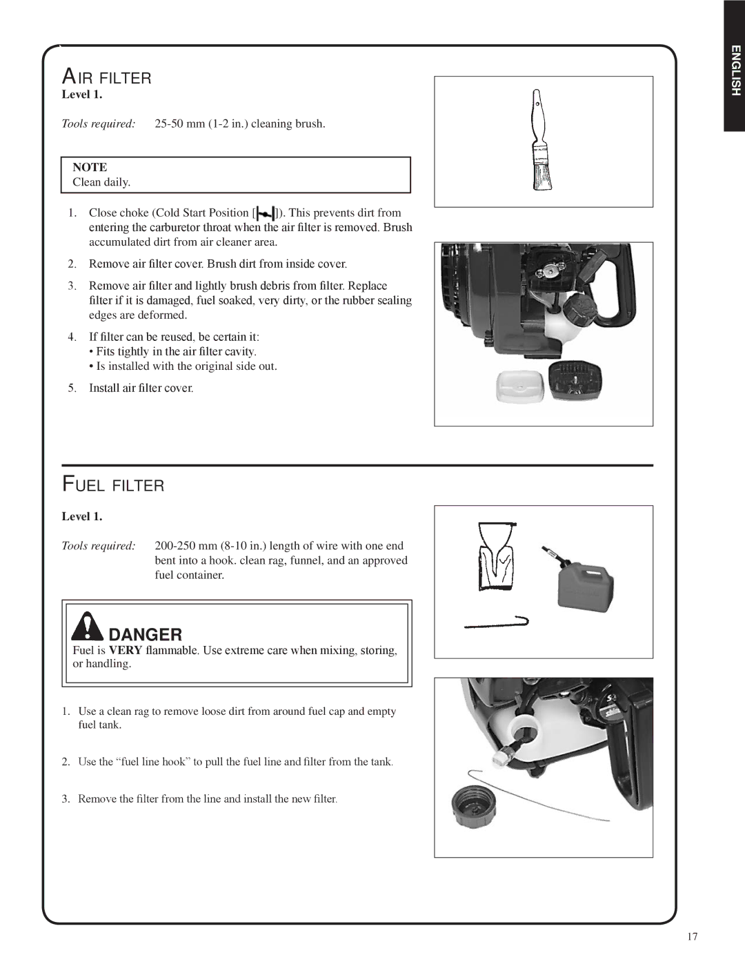 Shindaiwa 82052, SV212 manual Air filter, Fuel filter 