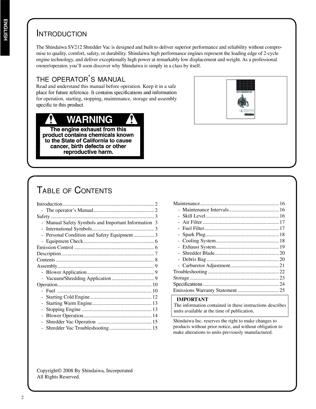 Shindaiwa SV212, 82052 Introduction, Operator’s manual, Table of Contents 