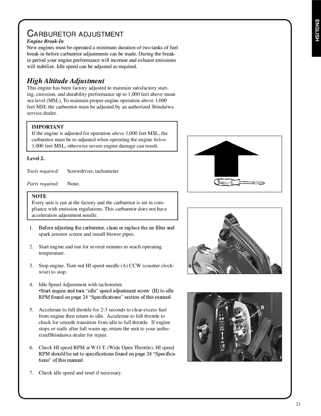 Shindaiwa 82052, SV212 manual High Altitude Adjustment, Carburetor adjustment 