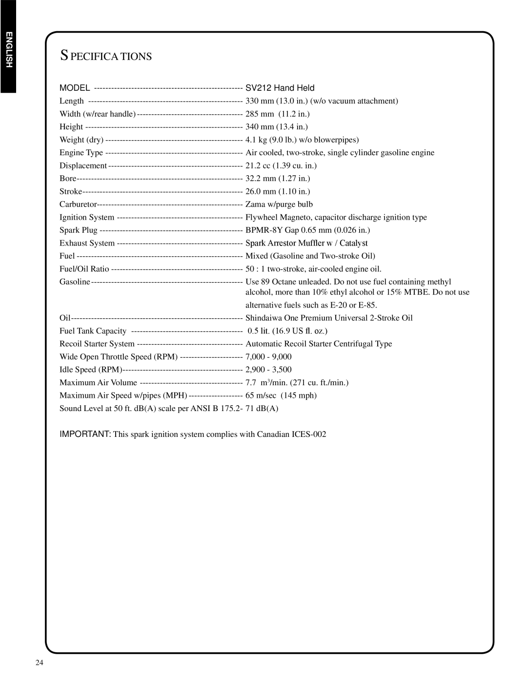 Shindaiwa 82052 manual Specifications, Model SV212 Hand Held 