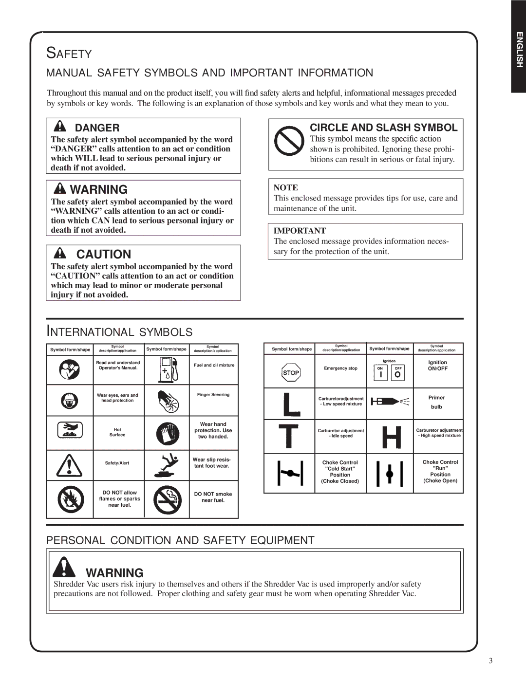 Shindaiwa 82052, SV212 manual Safety Manual safety symbols and important information, International symbols 