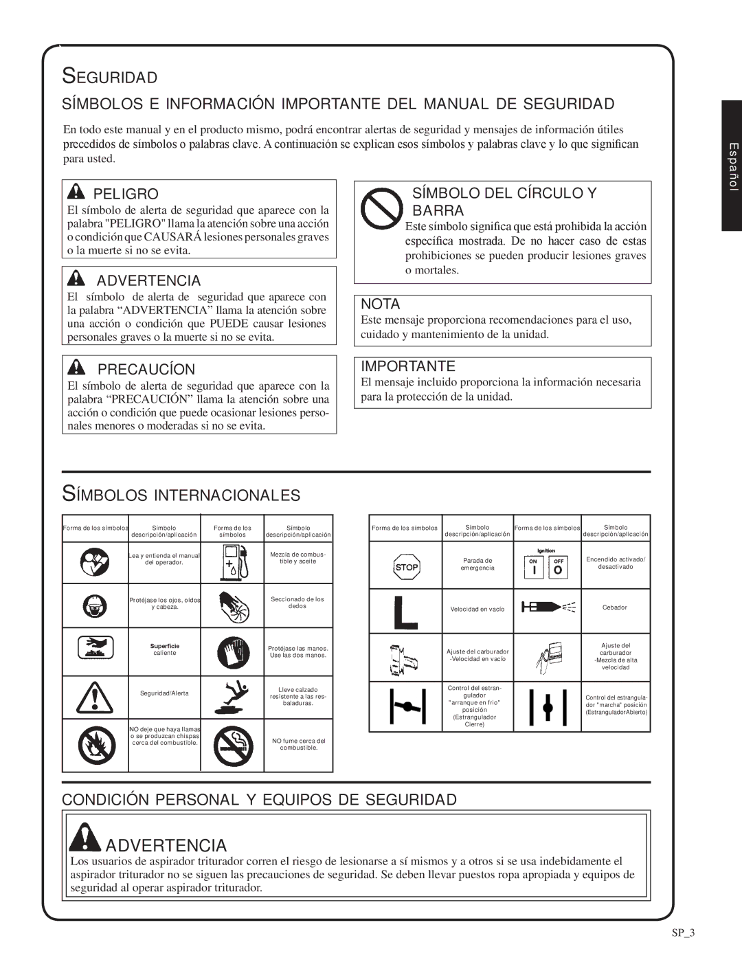 Shindaiwa 82052, SV212 manual Símbolos internacionales, Condición personal y equipos de seguridad 