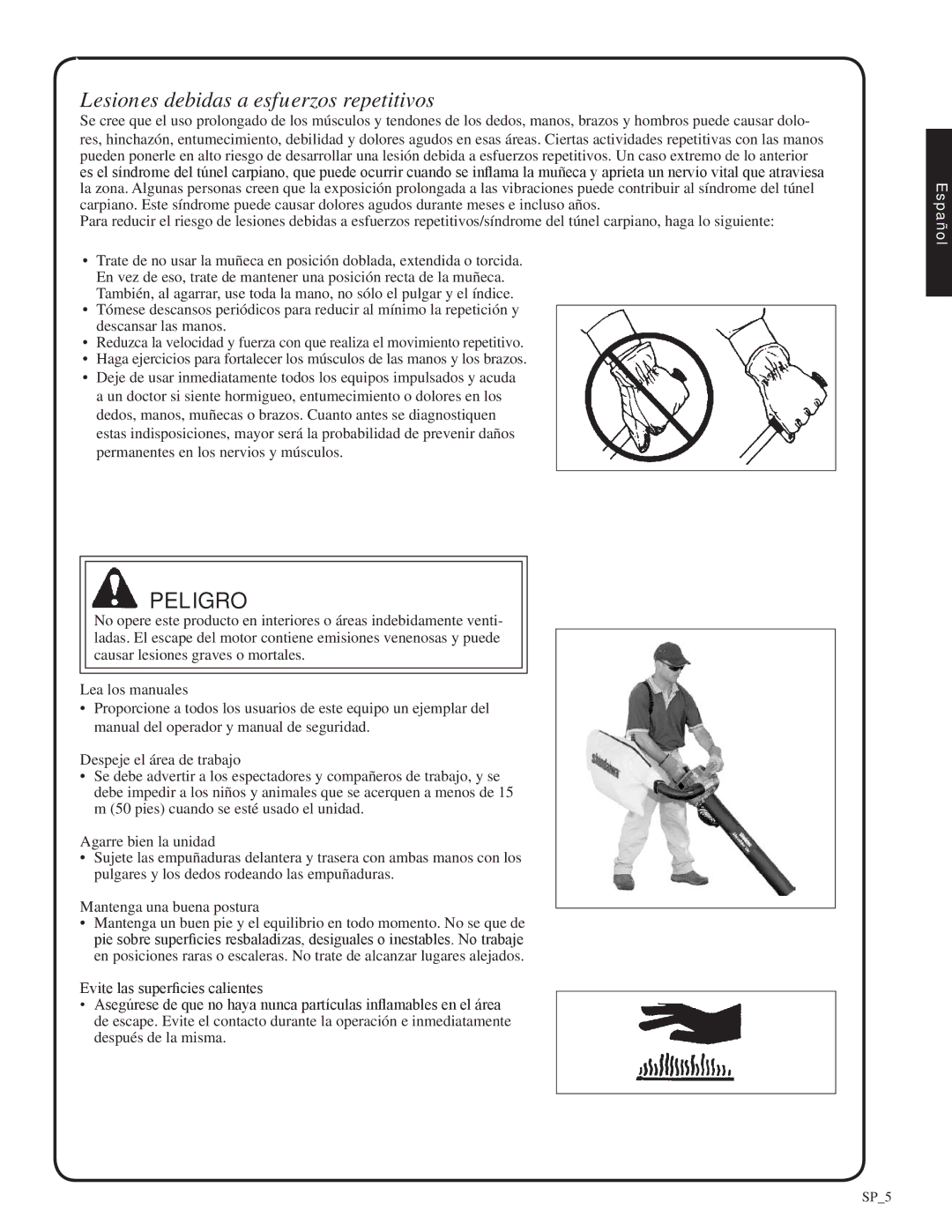 Shindaiwa 82052, SV212 manual Lesiones debidas a esfuerzos repetitivos, Peligro 