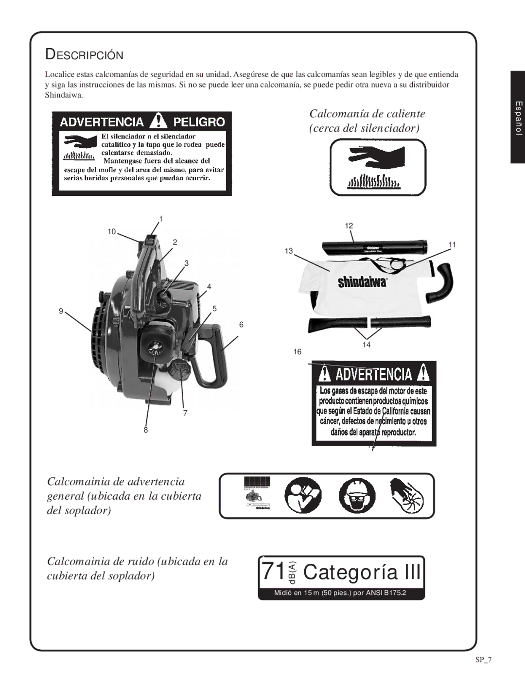 Shindaiwa 82052, SV212 manual Cubierta del soplador, Descripción 