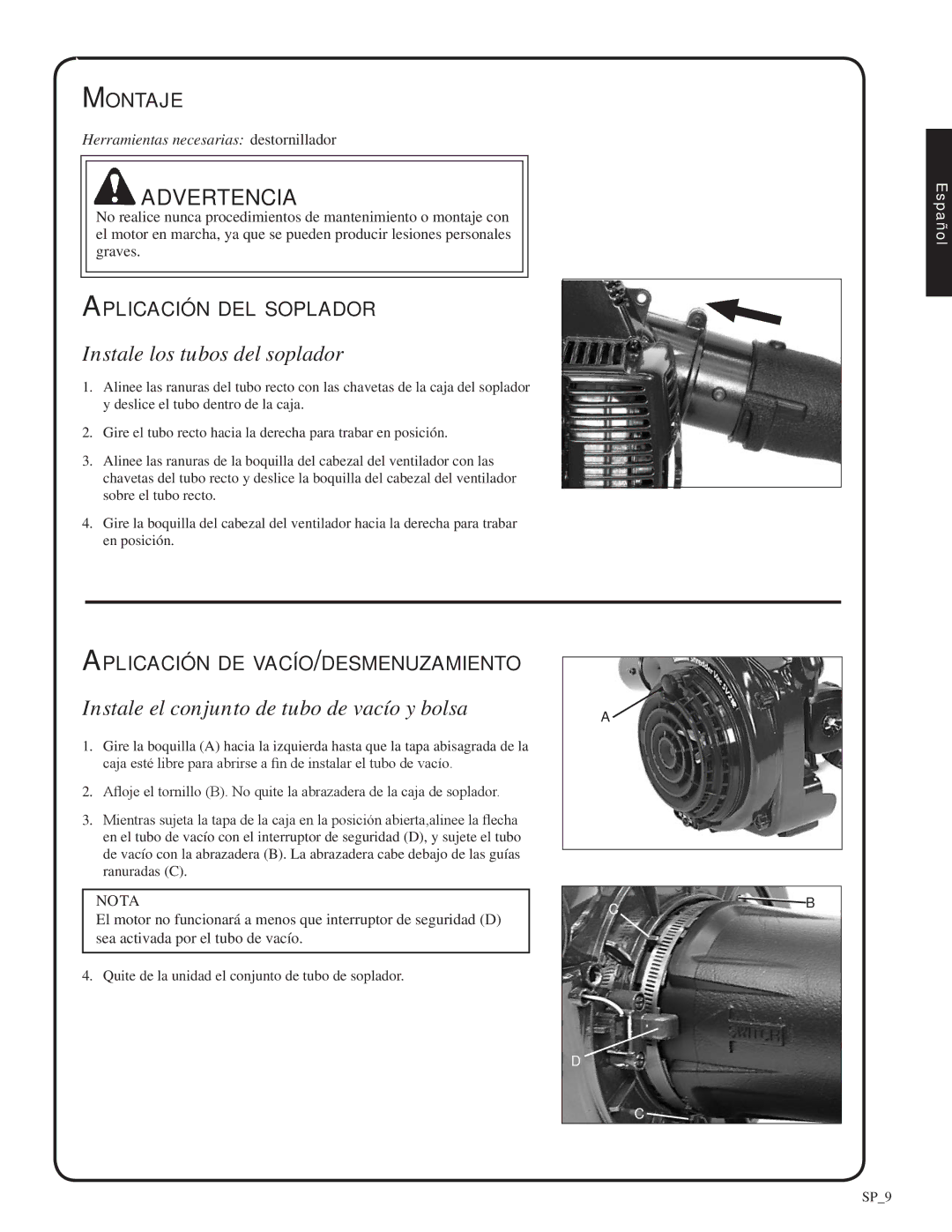 Shindaiwa 82052, SV212 manual Instale los tubos del soplador, Instale el conjunto de tubo de vacío y bolsa, Montaje 