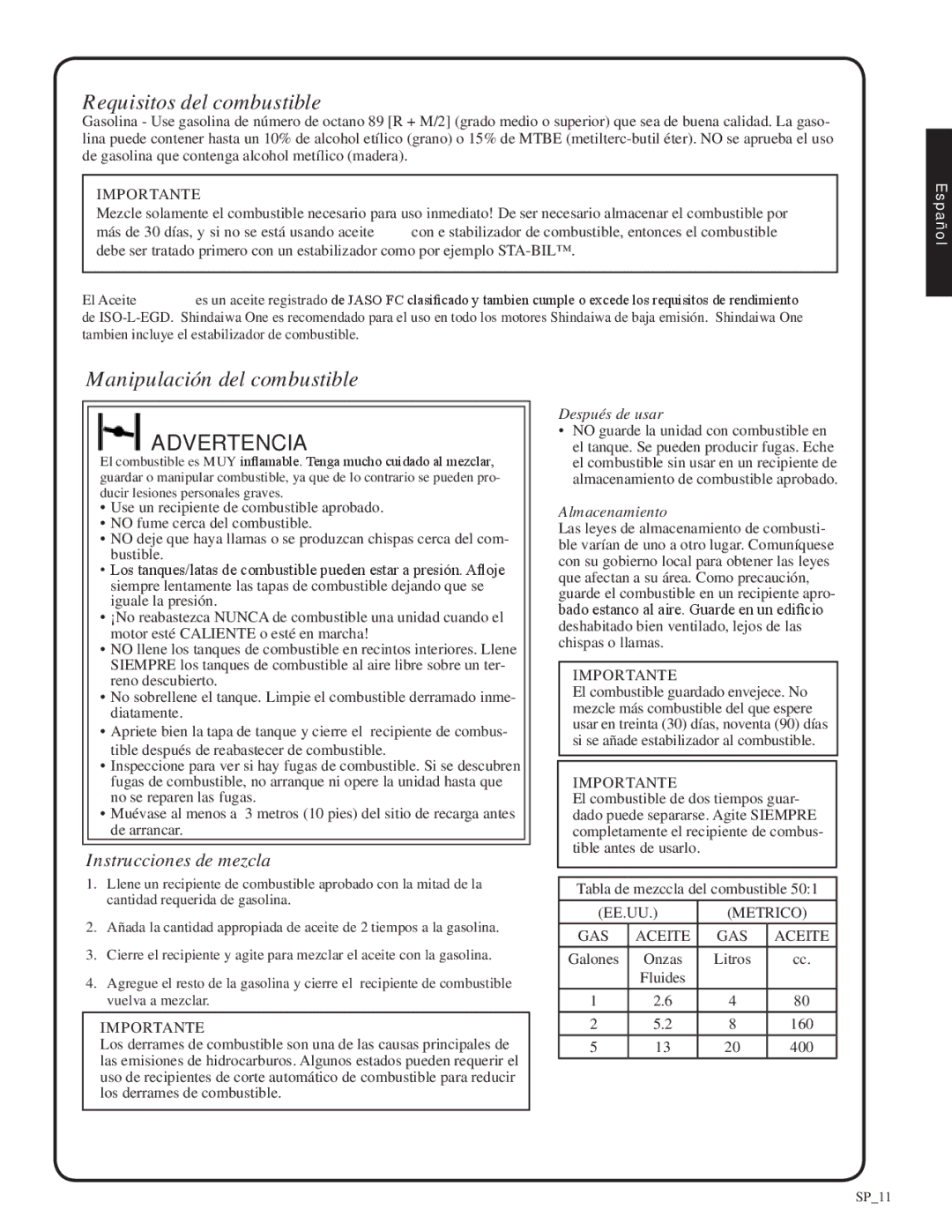 Shindaiwa 82052, SV212 manual Requisitos del combustible, Manipulación del combustible, Importante 