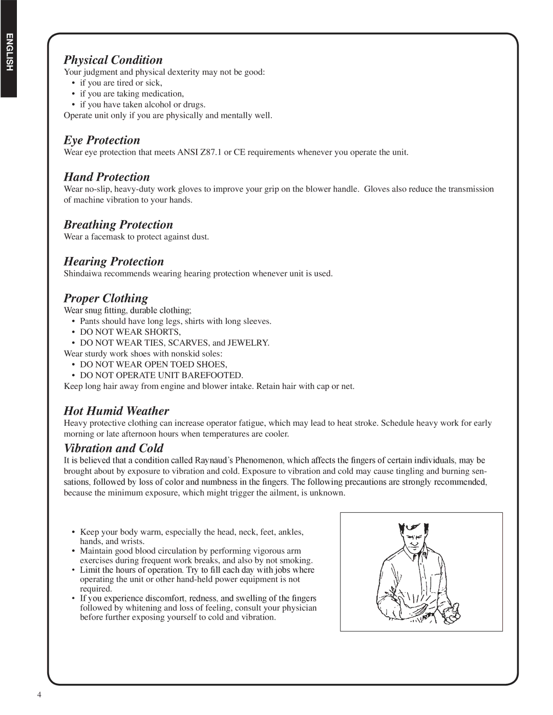 Shindaiwa SV212, 82052 manual Physical Condition, Eye Protection, Hand Protection, Breathing Protection, Hearing Protection 