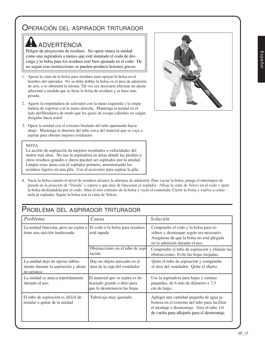 Shindaiwa 82052, SV212 manual Operación del aspirador triturador, Problema del aspirador triturador 