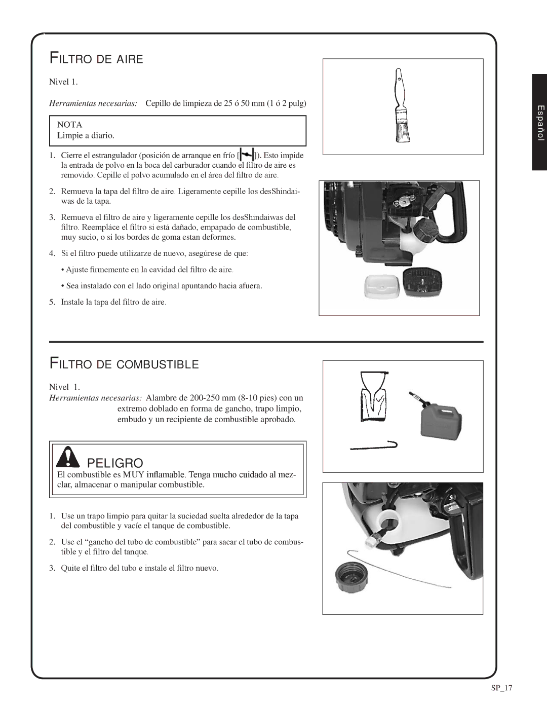 Shindaiwa 82052, SV212 manual Filtro de aire, Filtro de combustible 