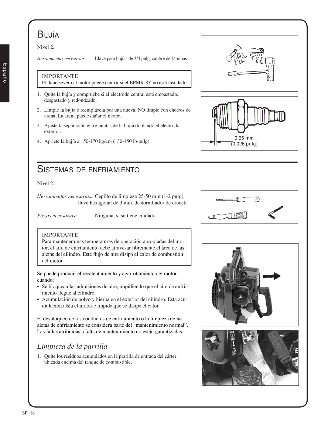 Shindaiwa SV212, 82052 manual Limpieza de la parrilla, Bujía, Sistemas de enfriamiento 