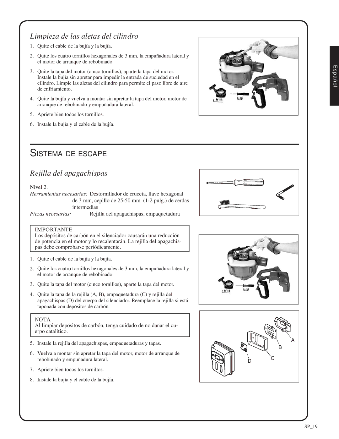 Shindaiwa 82052, SV212 manual Limpieza de las aletas del cilindro, Rejilla del apagachispas, Sistema de escape 