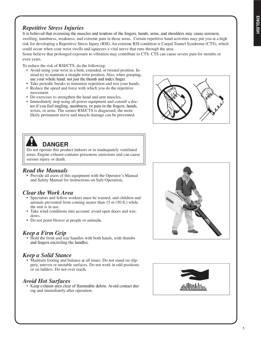 Shindaiwa 82052 Repetitive Stress Injuries, Read the Manuals, Clear the Work Area, Keep a Firm Grip, Keep a Solid Stance 