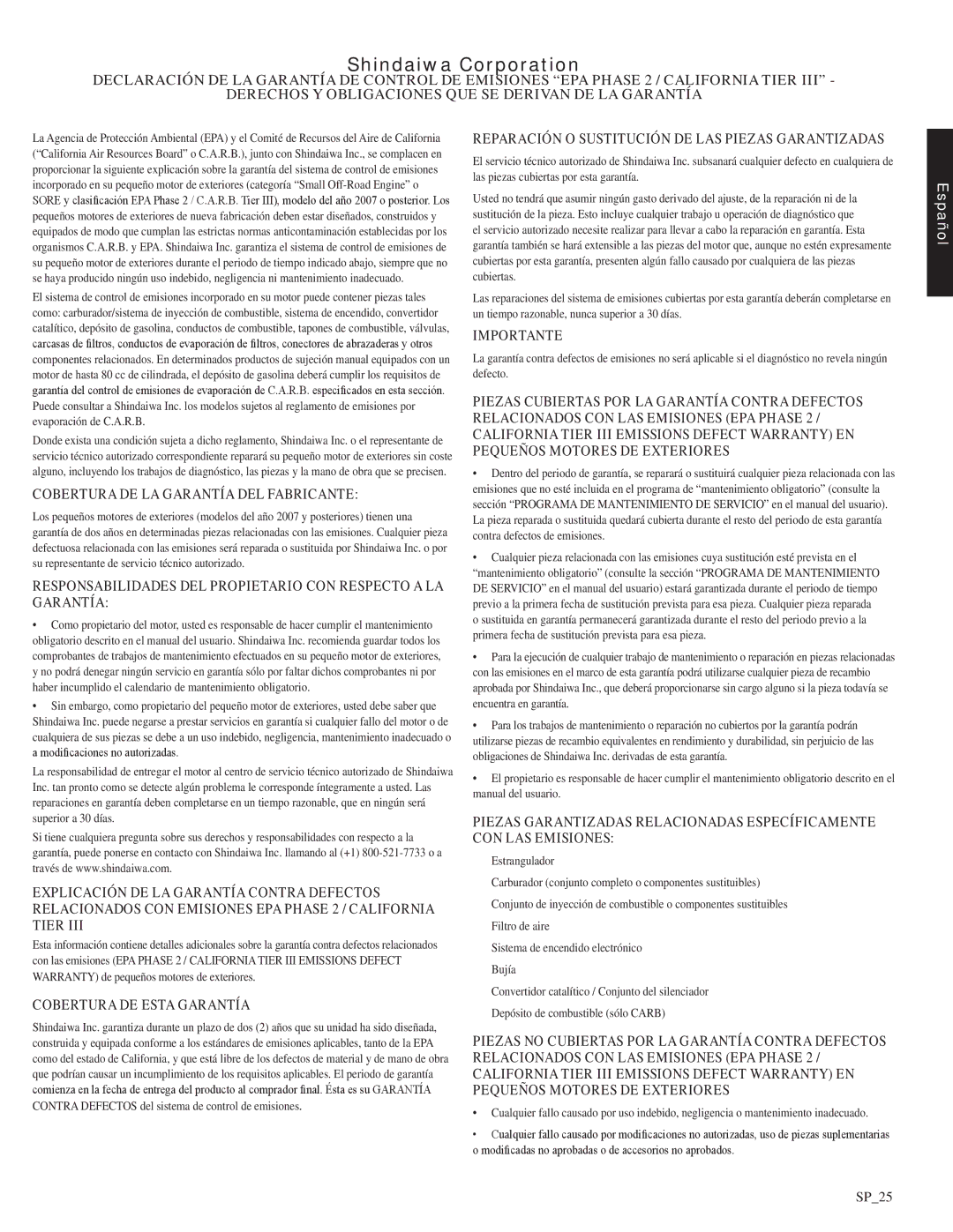 Shindaiwa 82052 manual Relacionados CON LAS Emisiones EPA Phase, California Tier III Emissions Defect Warranty EN, Garantía 