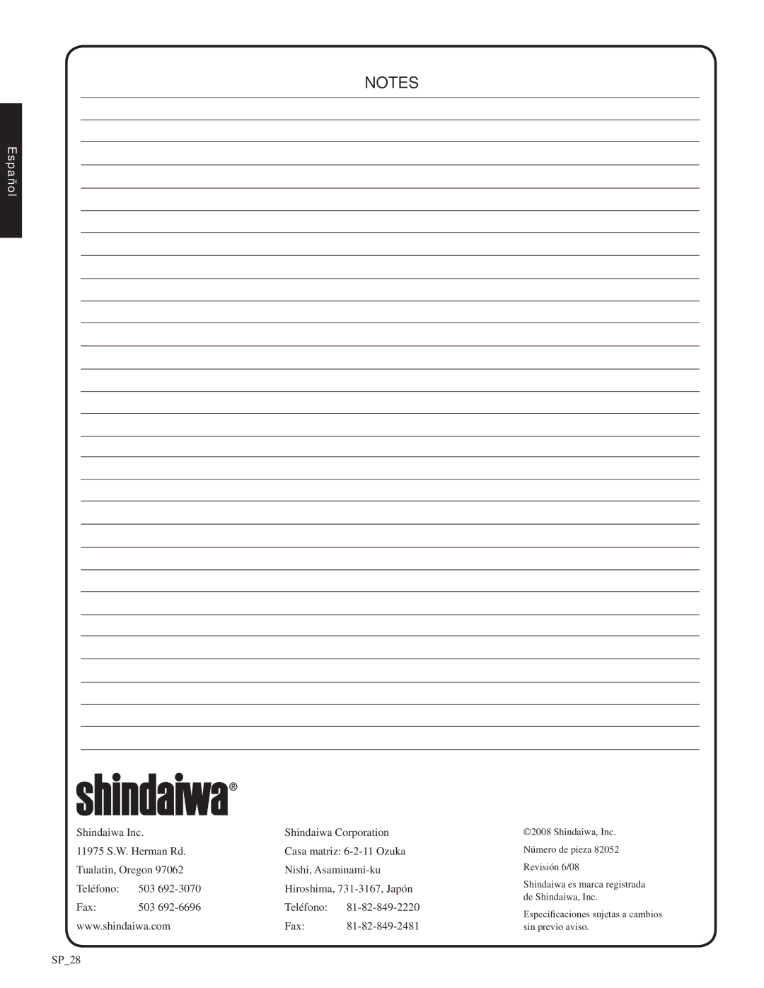 Shindaiwa SV212, 82052 manual Shindaiwa Inc Shindaiwa Corporation 