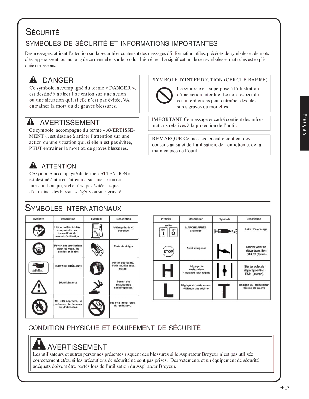 Shindaiwa 82052, SV212 manual Avertissement, Sécurité Symboles de sécurité et informations importantes 