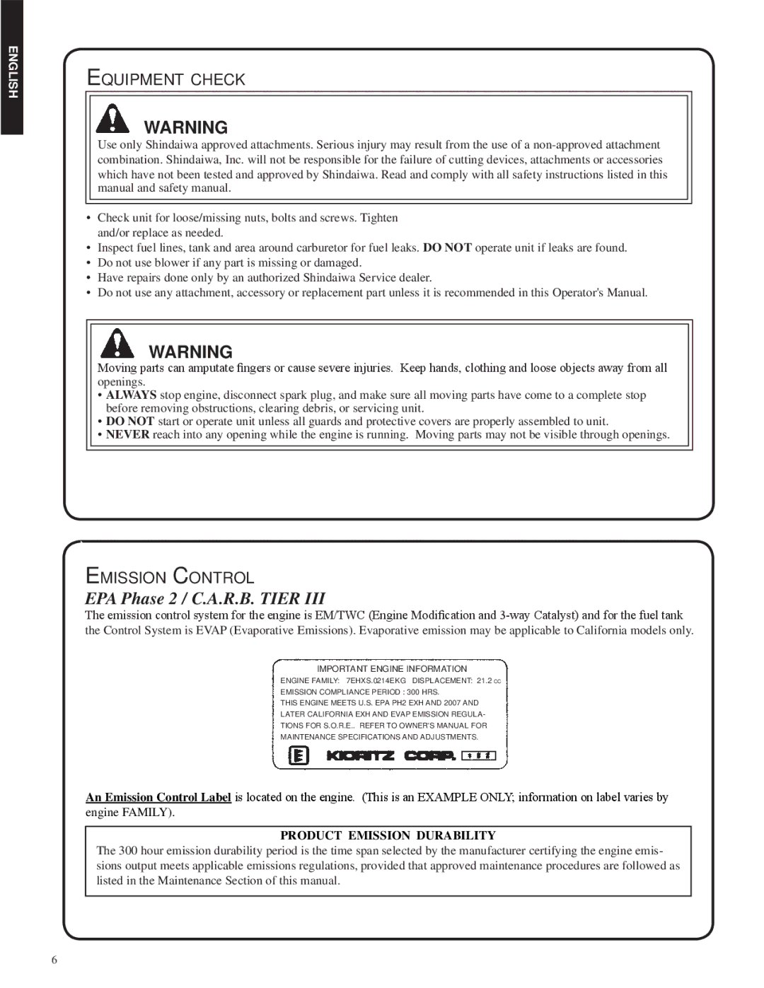 Shindaiwa SV212, 82052 manual EPA Phase 2 / C.A.R.B. Tier, Equipment check, Emission Control, Product Emission Durability 