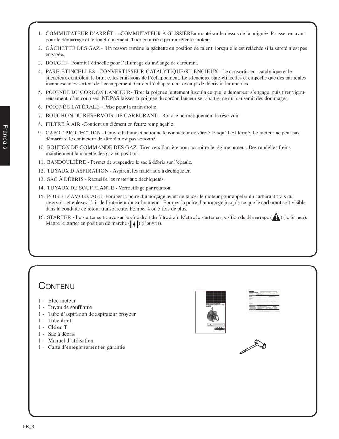 Shindaiwa SV212, 82052 manual Contenu 