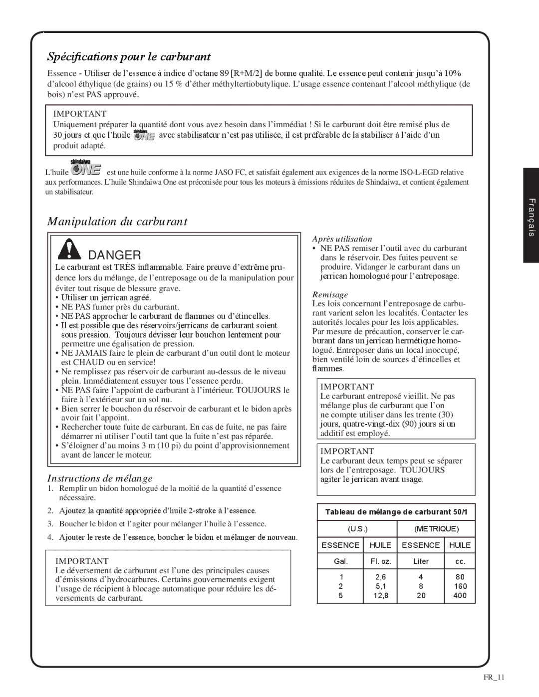 Shindaiwa 82052, SV212 manual Spécifications pour le carburant, Manipulation du carburant 