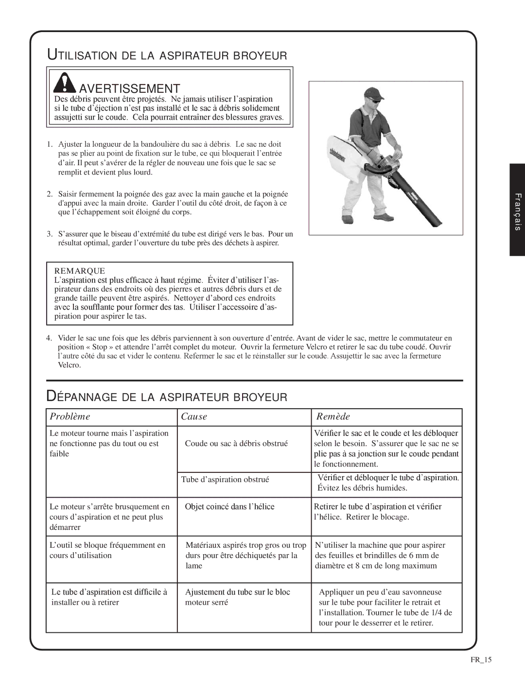 Shindaiwa 82052, SV212 manual Utilisation de la aspirateur broyeur, Dépannage de la aspirateur broyeur 