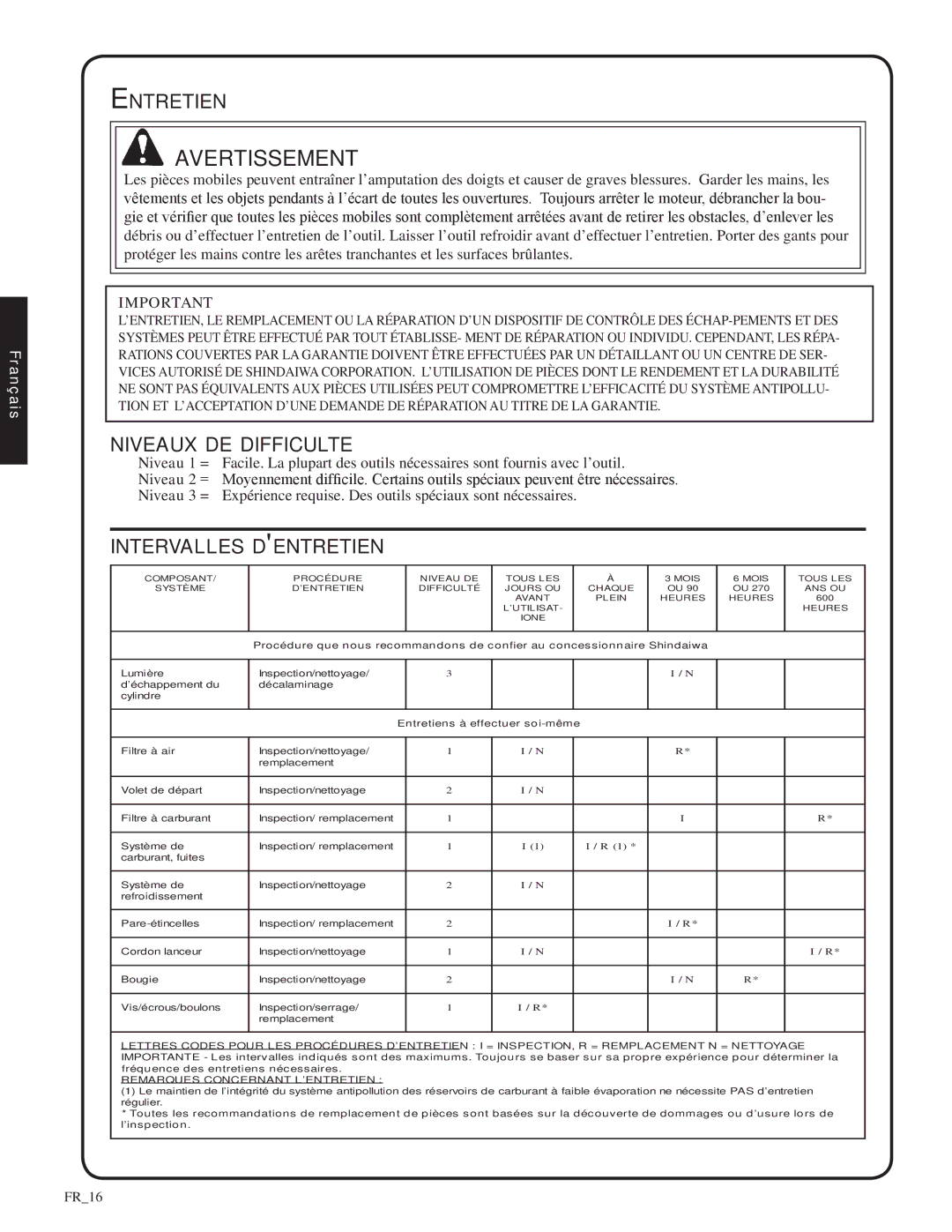 Shindaiwa SV212, 82052 manual Entretien, Niveaux de difficulte, Intervalles dentretien 