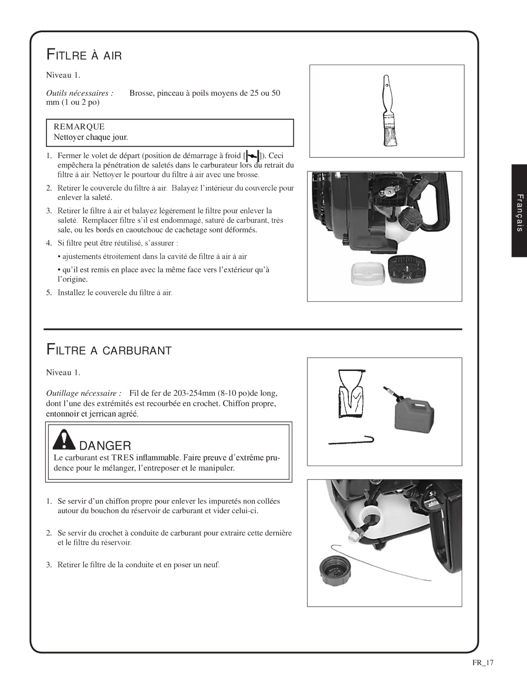 Shindaiwa 82052, SV212 manual Fitlre à air, Filtre a carburant 