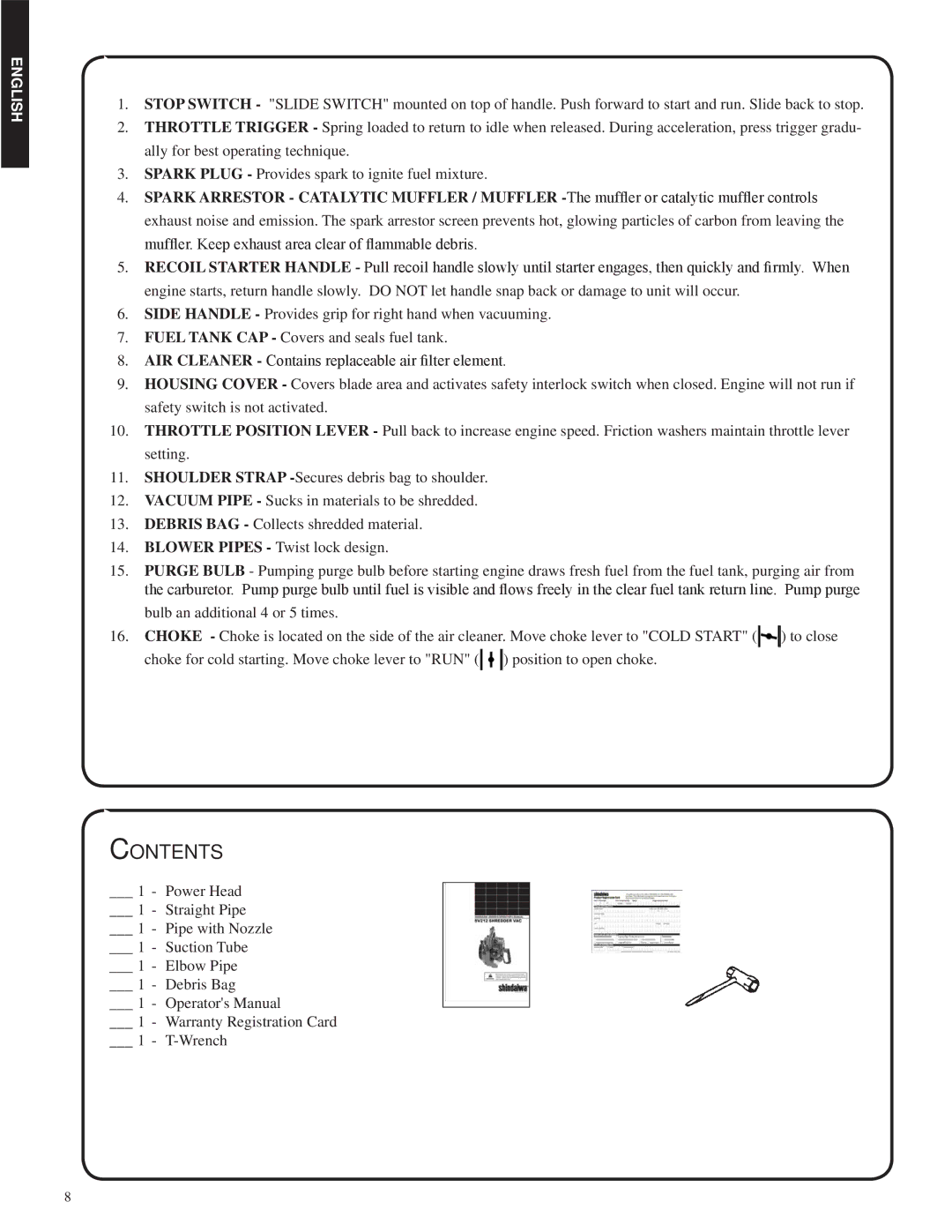 Shindaiwa SV212, 82052 manual Contents 