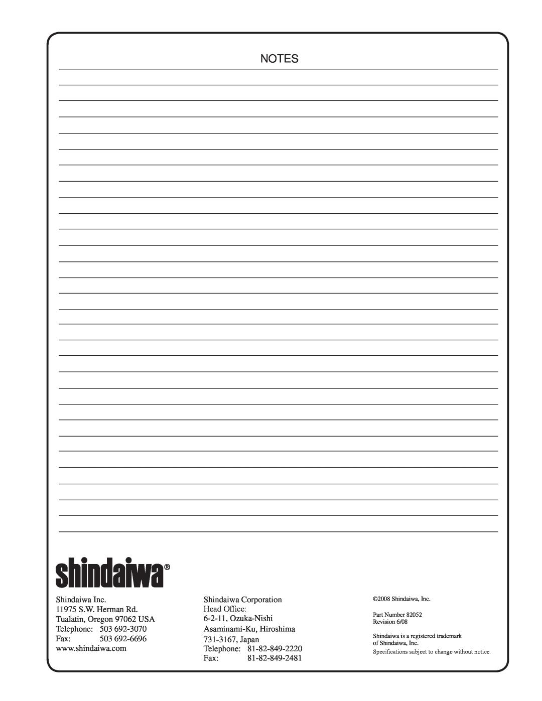 Shindaiwa SV212, 82052 manual notes, Shindaiwa Inc 