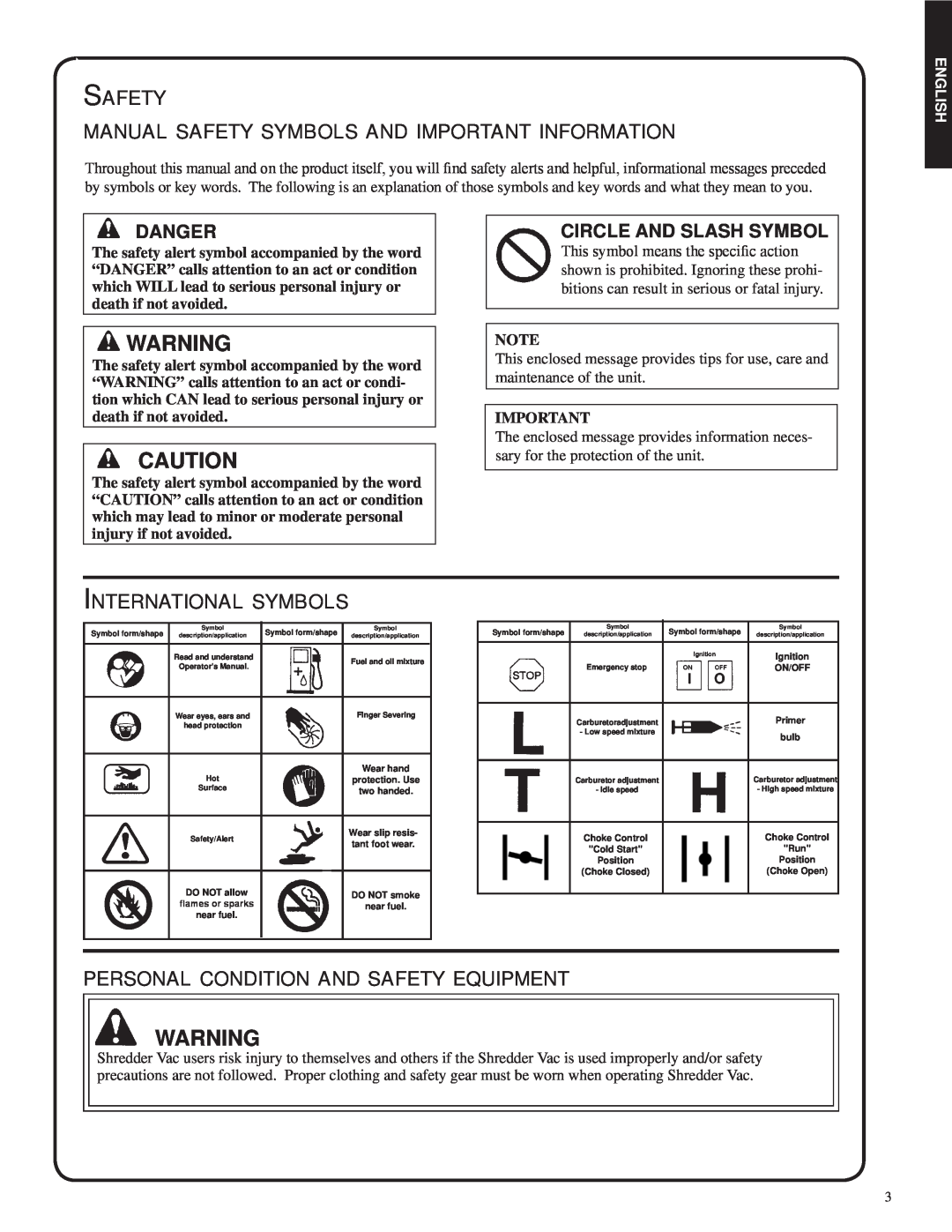 Shindaiwa 82052, SV212 Safety, manual safety symbols and important information, International symbols, Danger, English 