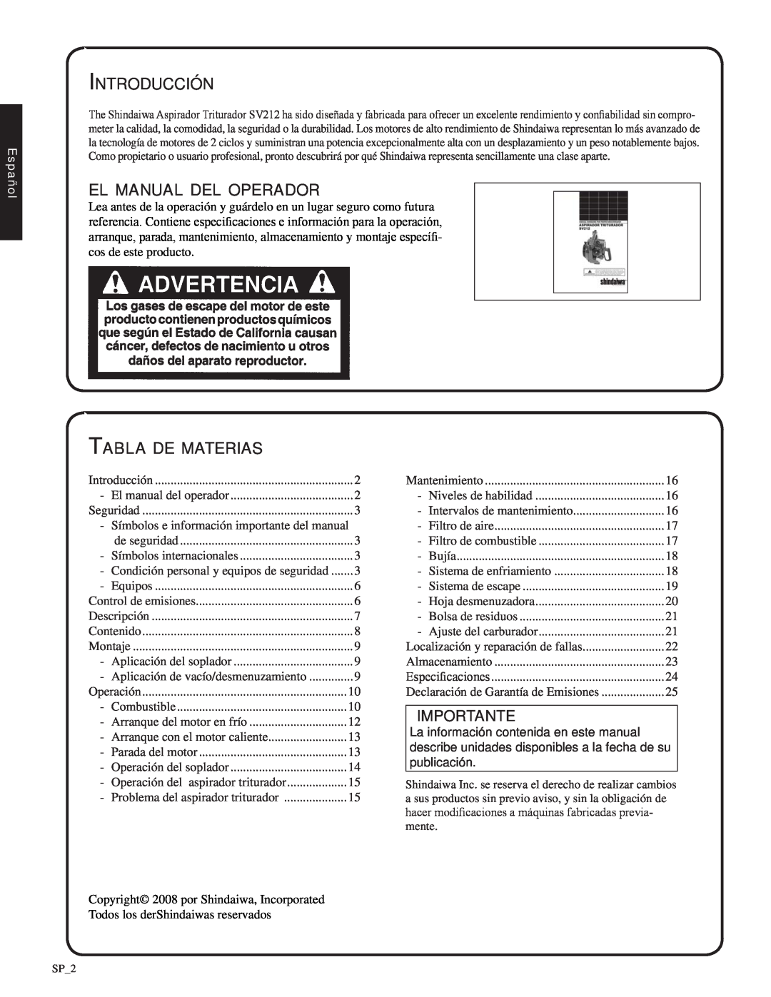Shindaiwa SV212, 82052 Introducción, el manual del operador, Tabla de materias, Importante, Español 