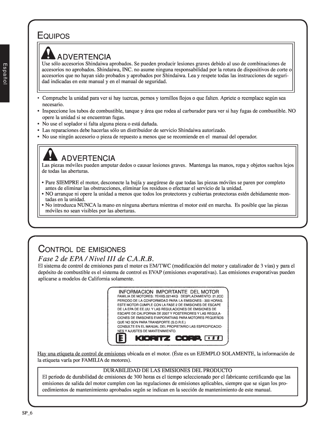 Shindaiwa SV212 Advertencia, Fase 2 de EPA / Nivel III de C.A.R.B, Equipos, Control de emisiones, advertencia, Español 
