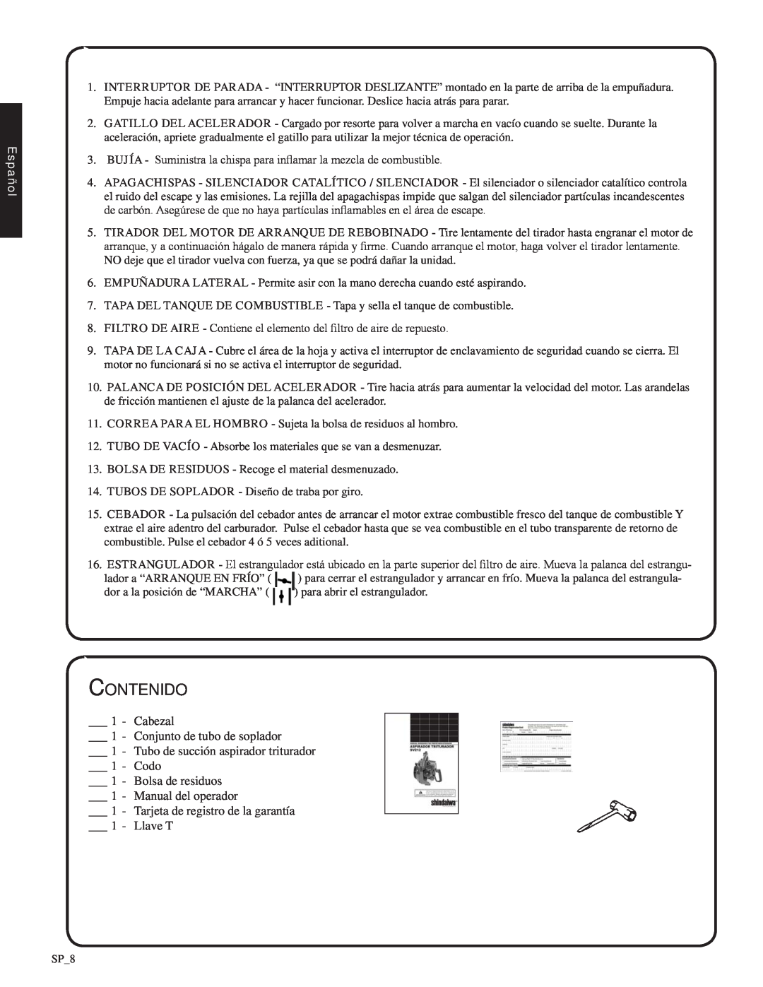 Shindaiwa SV212, 82052 manual Contenido, Español 